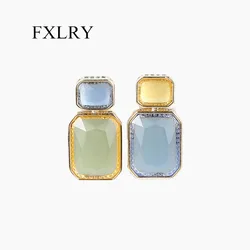 FXLRY High Quality Mirco Paved Cubic Zircon Geometric Asymmetric Stud Earrings Fashion Women Party Jewelry