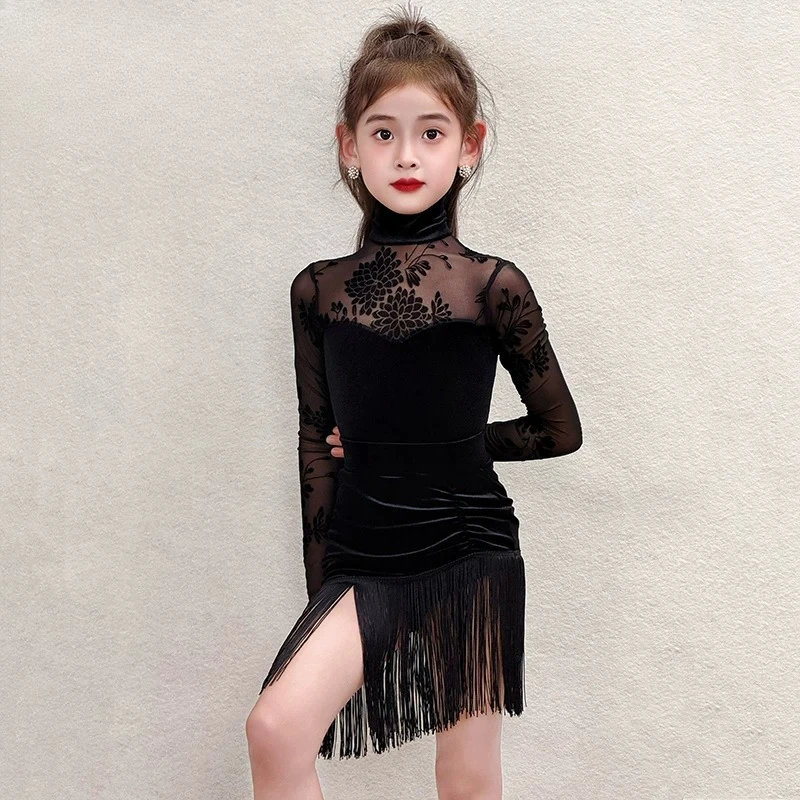 Children's Latin Dance Dress New Style Children's Autumn and Winter High-End Practice Dress for Performance with Fringe Skirt