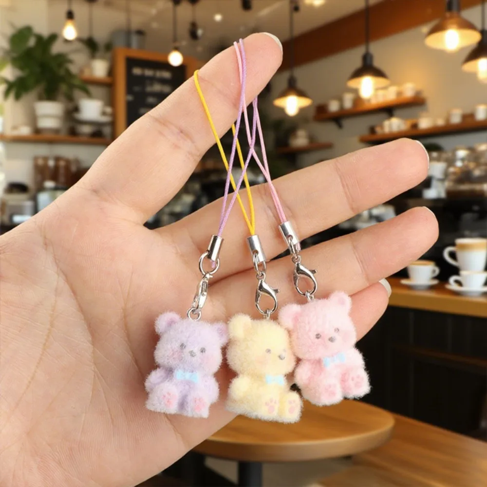 Flocking Animal Bear Pendant Cute Keychain Keyring Bag Earphone Car Keychains Decor Y2K Keychains Accessorie Phone Chain Lanyard