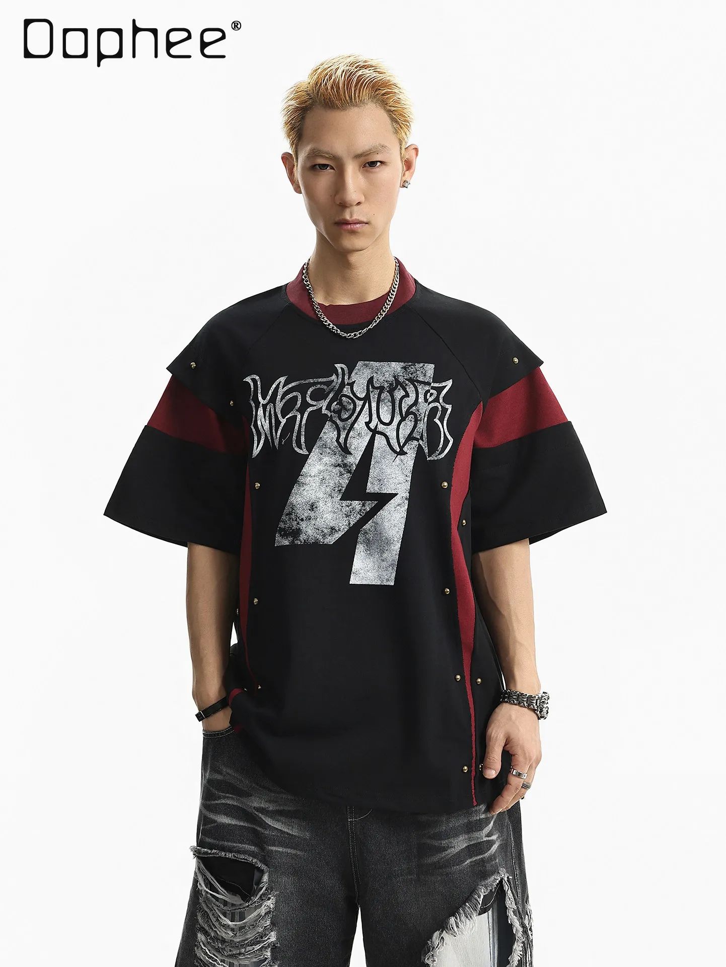 Summer New Men's American High Street Style Rivet Print Black Red Patchwork Loose Casual Round Neck Short Sleeve T-shirt