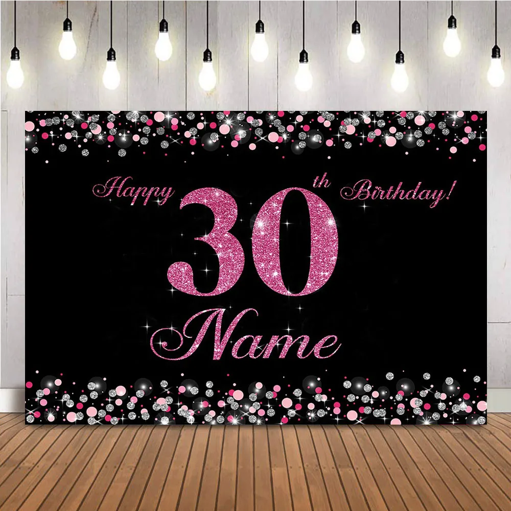 パーソナライズされた名前の背景大人の誕生日パーティーの装飾バナー、ピンクゴールドのキラキラの背景、30日40日、50日、60歳