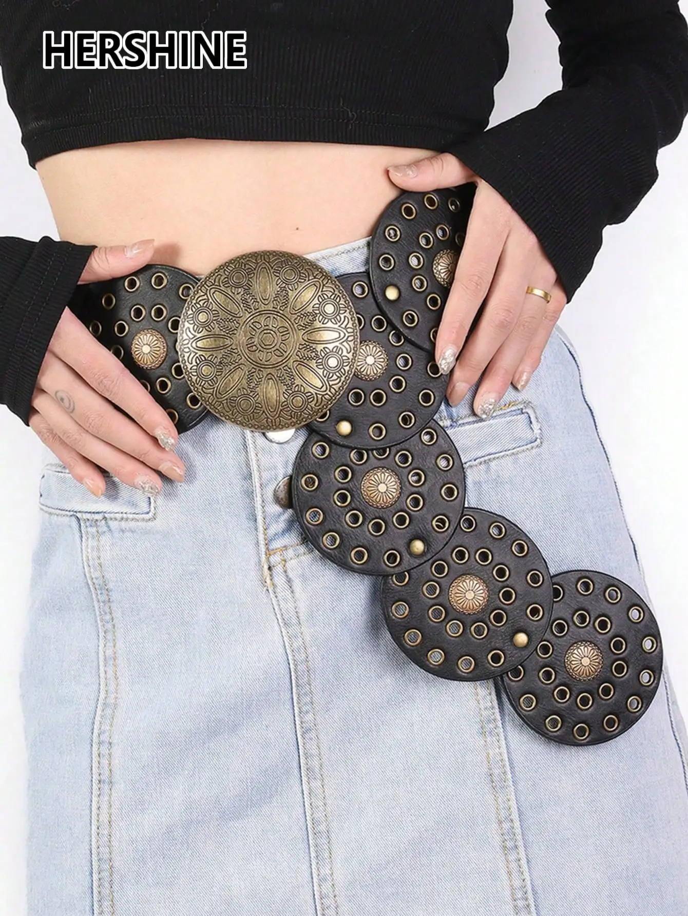 حزام HERSHINE النسائي الكلاسيكي المرصع بإبزيم دائري على شكل زهرة، طراز بوهيمي للجنسين، إكسسوار عصري، عيد الميلاد