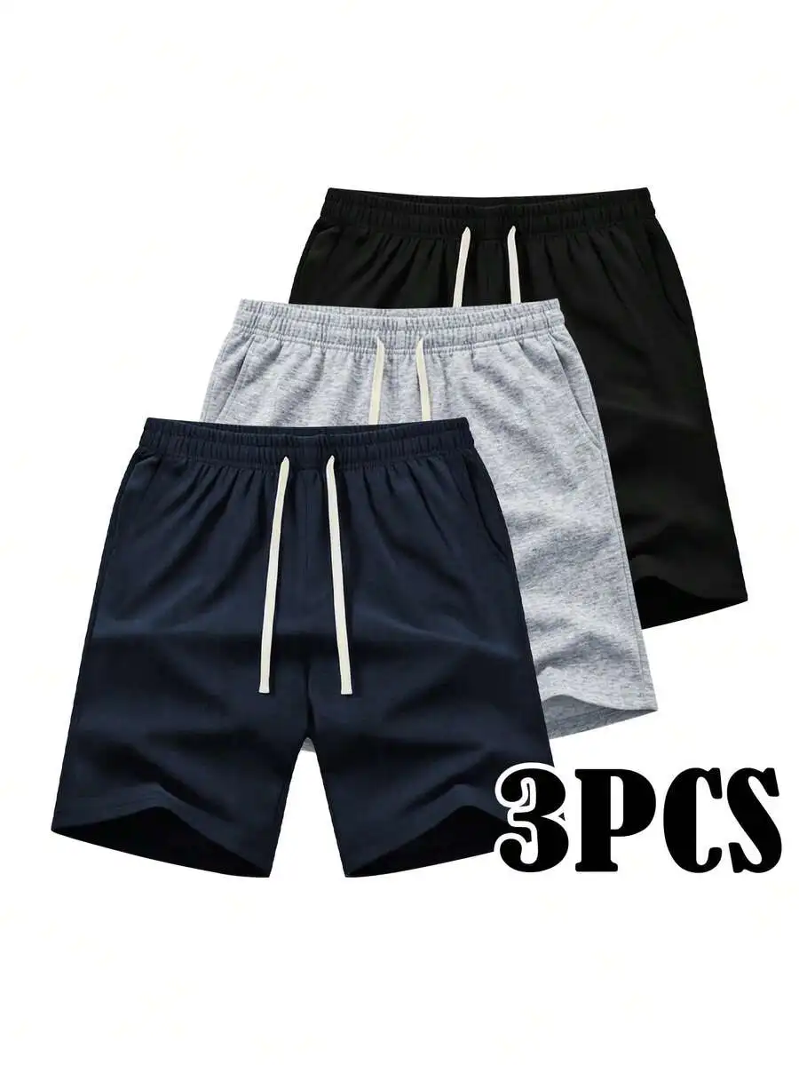 

3PCS Mens Solid Color Drawstring Straight Leg Shorts High Stretch Knit Fabric Casual Daily Wear