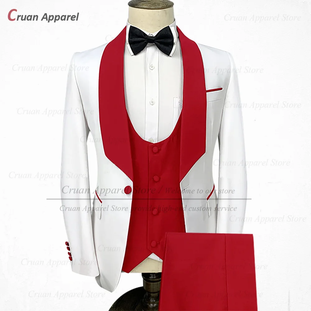 

Ivory Red Suits for Men Slim Fit Groomsmen Groom Wedding Tuxedo Fashion Party Blazer Vest Pants 3Pcs Singers Men Clothing Set