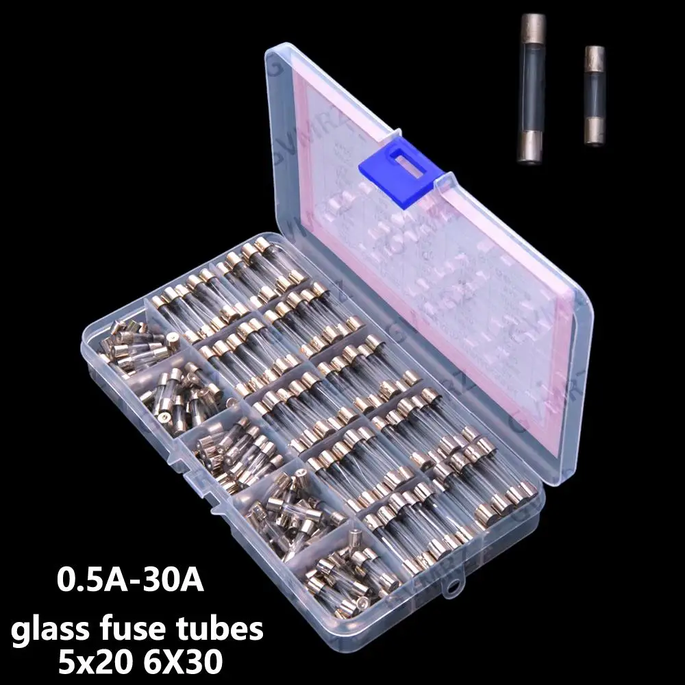 15Values 5x20 6X30 0.5A-30A 250PCS glass fuse tubes 5*20 mixed box 6*30mm 0.5A 1A 3A 250V 6A 8A 15A 30A