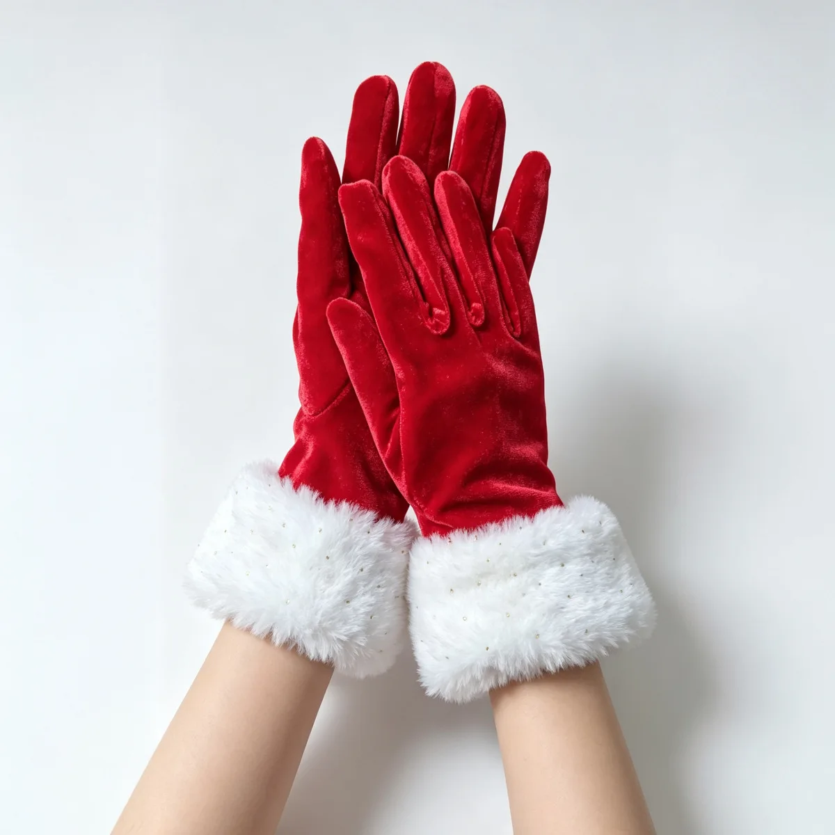 Christmas Gloves Red Velvet White Plush Gold Cuff Santa Costume Holiday Party Stage Show Accessory Lightweight Soft Warm