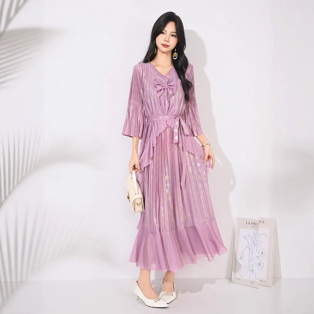 

Miyake Luxury Solid Bow Pleated Big Swing Dresses Spring Women Half Sleeve V Neck Dress High Waist Loose Ankle Length Dress