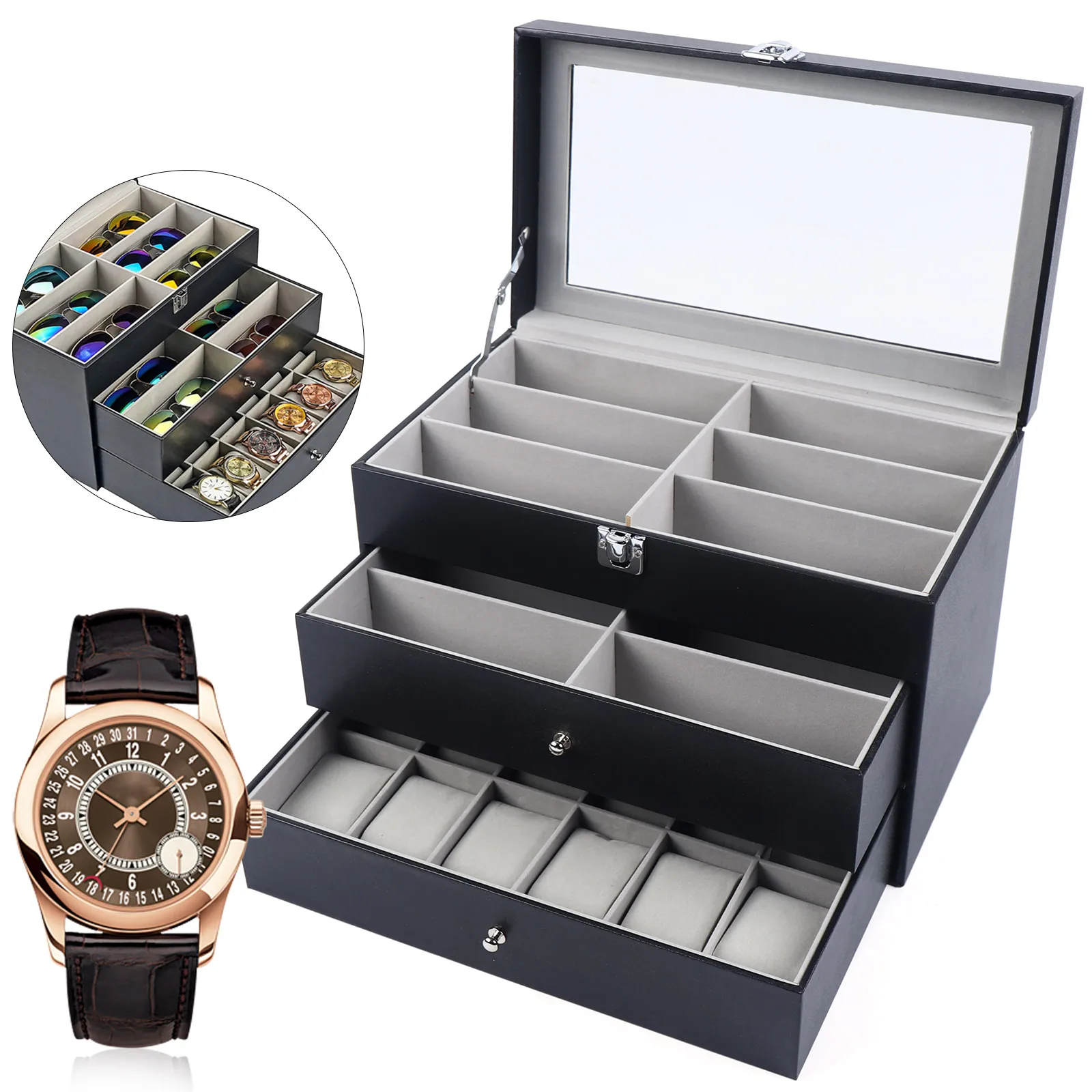 LOYALHEARTDY 3 Layer 24 Slots Eyeglass Sunglass Storage Watch Box Eyewear Accessories Display Glasses Storage Case Organizer