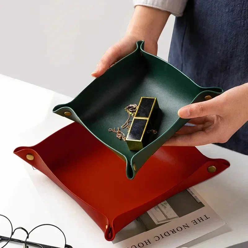 Nordic Style Leather Storage Tray Desktop Organizer For Key Jewelry Cosmetic Storage Box Folding Organizer Home Decoration