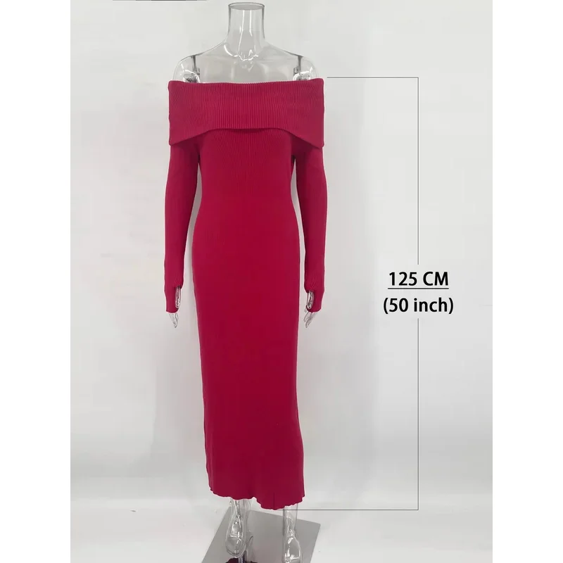Bonny moda abito lungo in maglia con spalle scoperte femminile a costine allentato a vita alta elegante abito da festa autunnale abito maxi in maglieria da donna