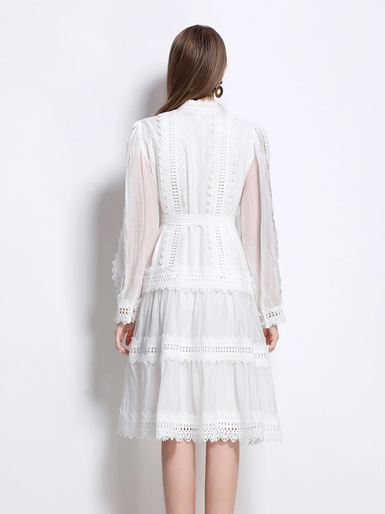 Luksusowa damska sukienka koszulowa z koronkowymi wstawkami i szarfami Elegancka biała sukienka midi z długim rękawem 2025 New Beach Ladies INKEO 5D159