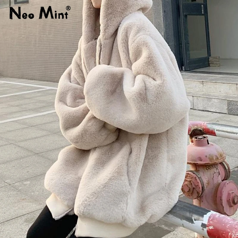 Winter Clothes Women 2024 Fashion Faux Rabbit Fur Coat Jacket Zipper Hooded Thick Warm Sporty Korean Causual Overcoat Streetwear