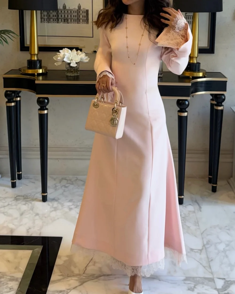 

Customized Modern Style Women Jersey Lace Pleat A-line Evening Dresses Formal Simple O-Neck Long Sleeves Ankle Length Dresses