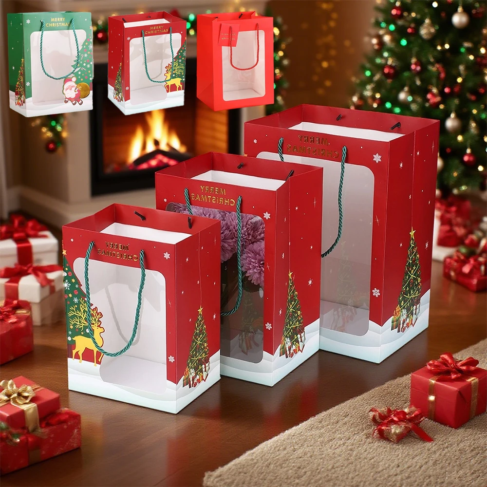 

Clear Window Gift Bags Christmas Gold Stamping Handheld Gift Bag for Peaceful Night Present Packaging Xmas Adornos Navidad 2026