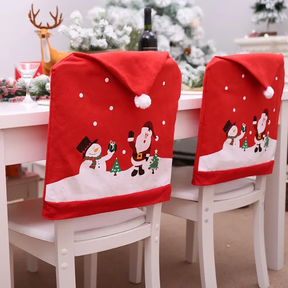 

Christmas Chair Cover Big Hat Snowman Printed Non-woven Supplies For Kitchen Dining Bedrooms Chairs Stool Back Xmas Home Decor