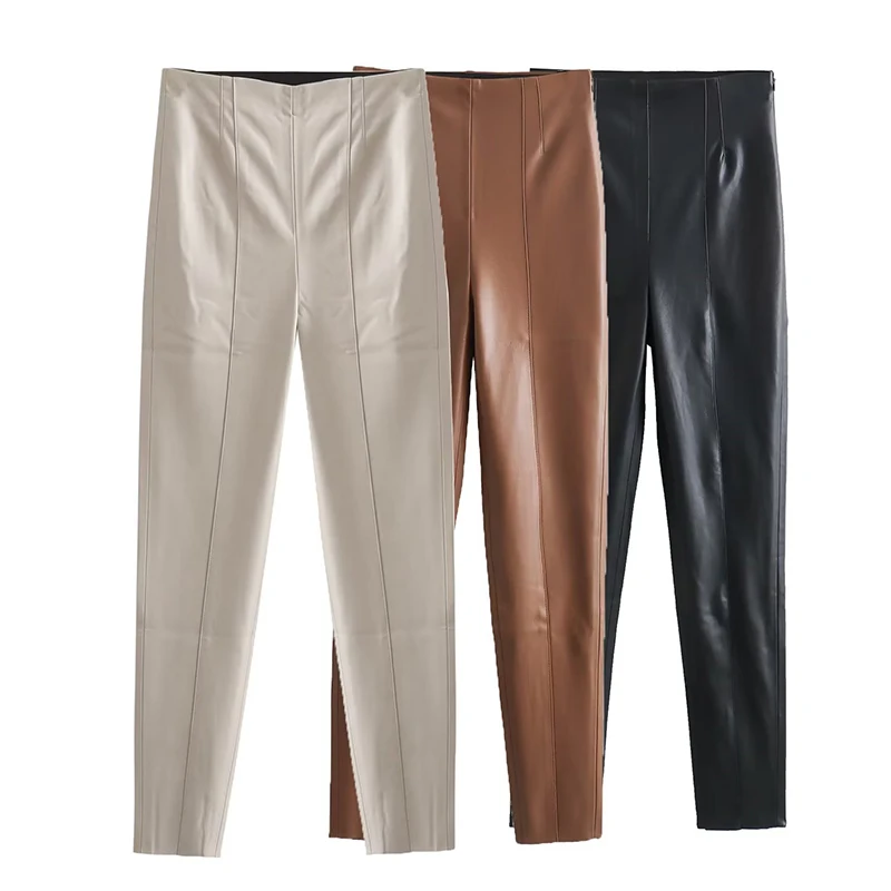 

YENKYE Women Elastic High Waist Faux Leather Leggings Seamless Hem Female Pants Pencil Trousers