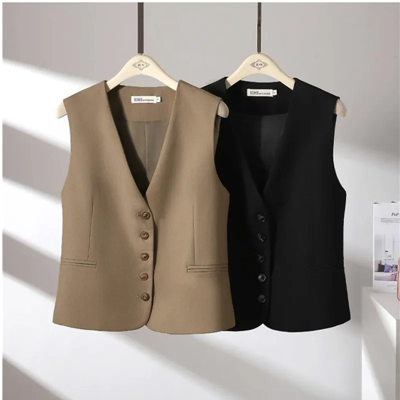 Black Vest Jacket 2024 Spring Autumn New Women's Slim V-neck Sleeveless Coat Fashion Casual Short Waistcoat Outwear Feminine