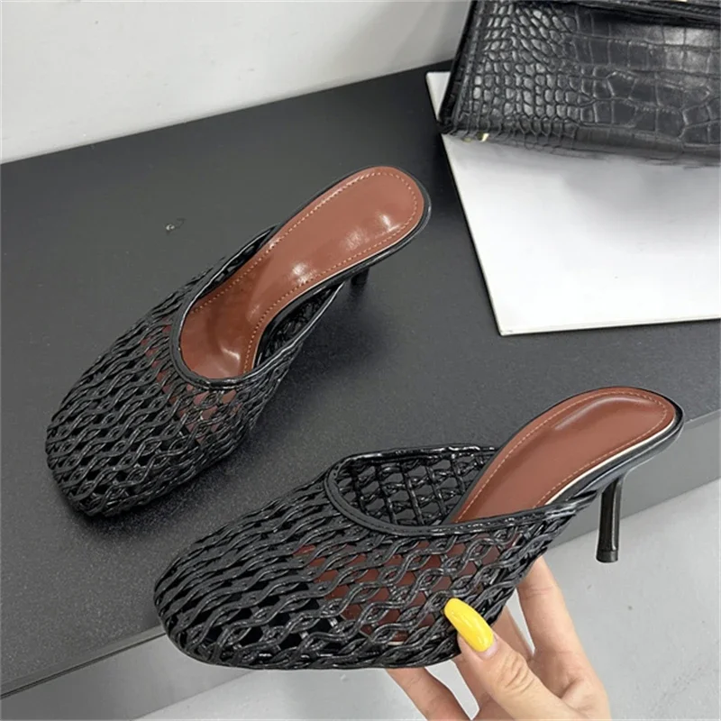 Eilyken Summer Hollow Out Breathable Mesh Weaving Women Slippers Fashion Thin Heels Party Dress Mule Shoes Large Size 43 image 2