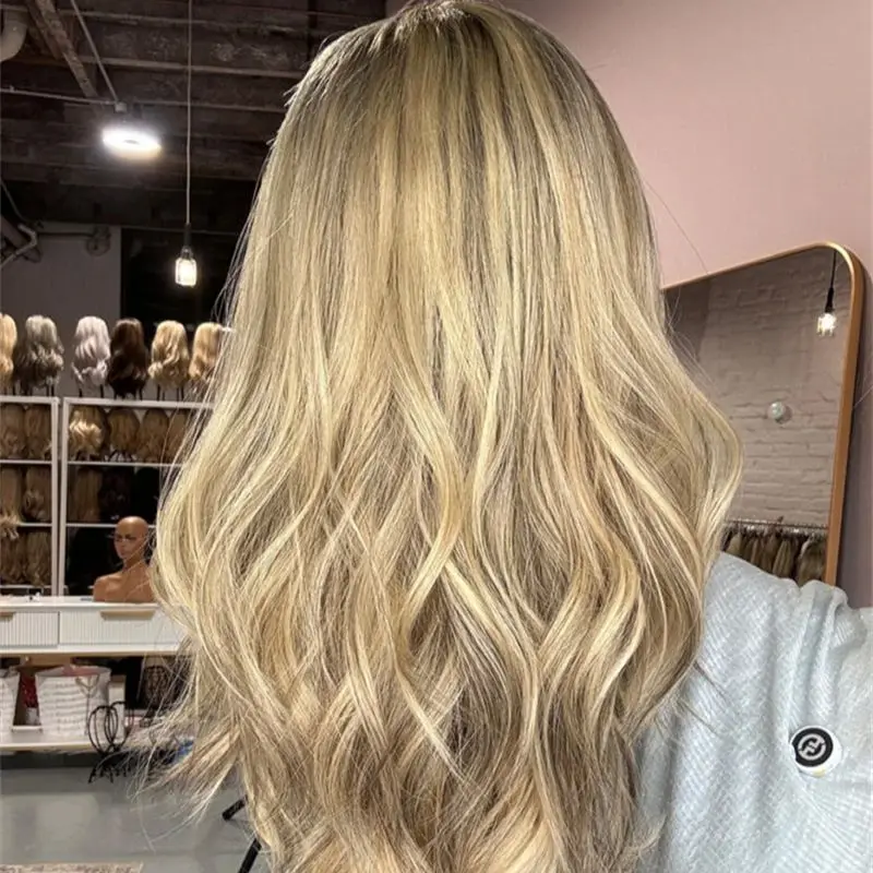 

14-дюймовый парик с натуральной волной, 13x4, омбре, золотисто-русый, мелирование, синтетическое волокно, кружевной передний парик с темными корнями, предварительно выщипанная линия волос