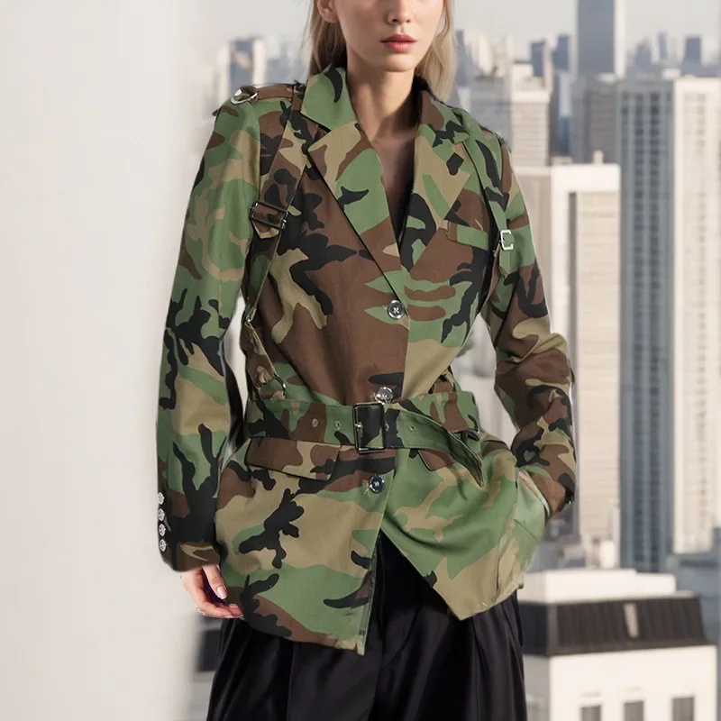 Camouflage Printed Women Suit 1 Piece Blazer With Belt Loose Style Casual Work Single Breasted Coat Top