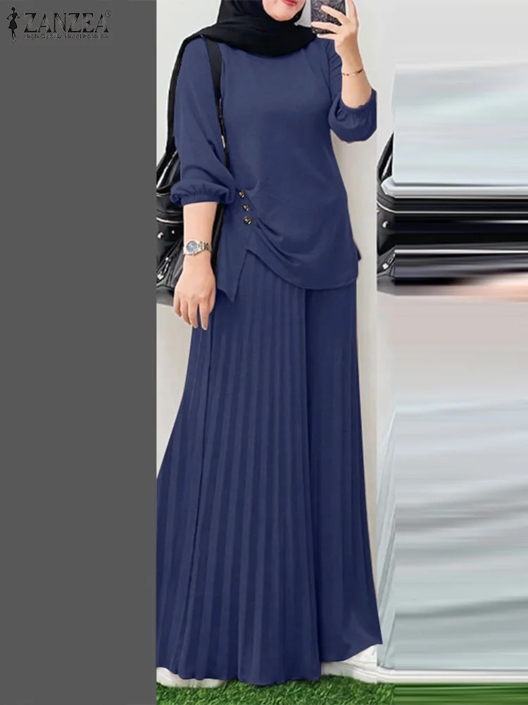 ZANZEA 2025 Spring Pleated Wide Leg Pant 2pcs Outfits Stylish Muslim Islamic Women Casual Pant Sets Long Sleeve Tops Loose Suits