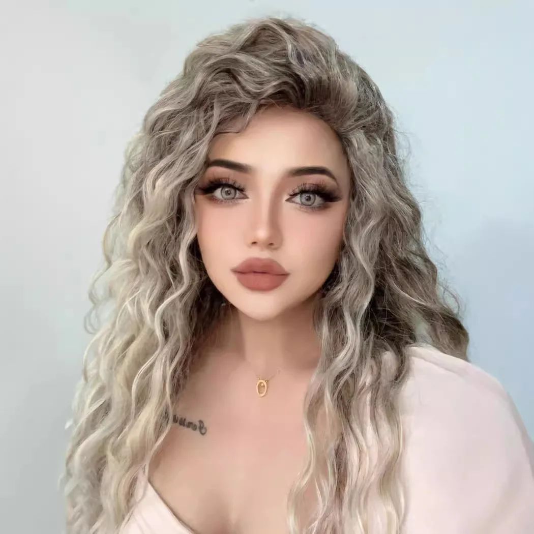 

African Small Curly Long Curly Hair Chemical Fiber Head Covers Ash Blonde Parted Curly Wig Head Covers