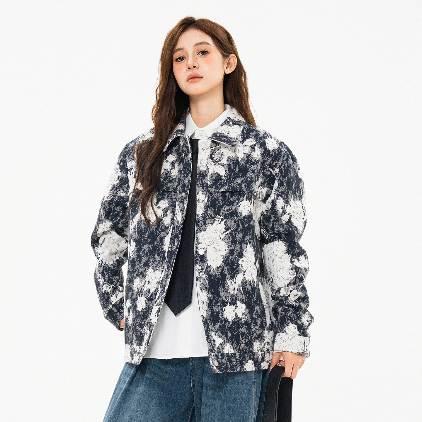 

Винтажная куртка с лацканами с цветочным принтом, женская осенняя однобортная женская шикарная куртка с лацканами, модное свободное элегантное пальто в корейском стиле