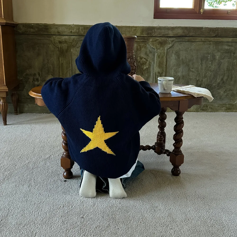 

Детский свитер, осень 2024, свитер с буквами для девочек, пальто, детская толстовка с капюшоном, свободный вязаный топ