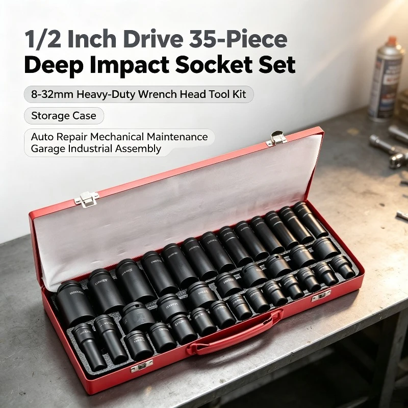 1-2インチドライブ、35個入り、深型インパクトソケットセット。8～32mmの頑丈なレンチヘッドツールキット。自動車修理用の収納ケース付き。