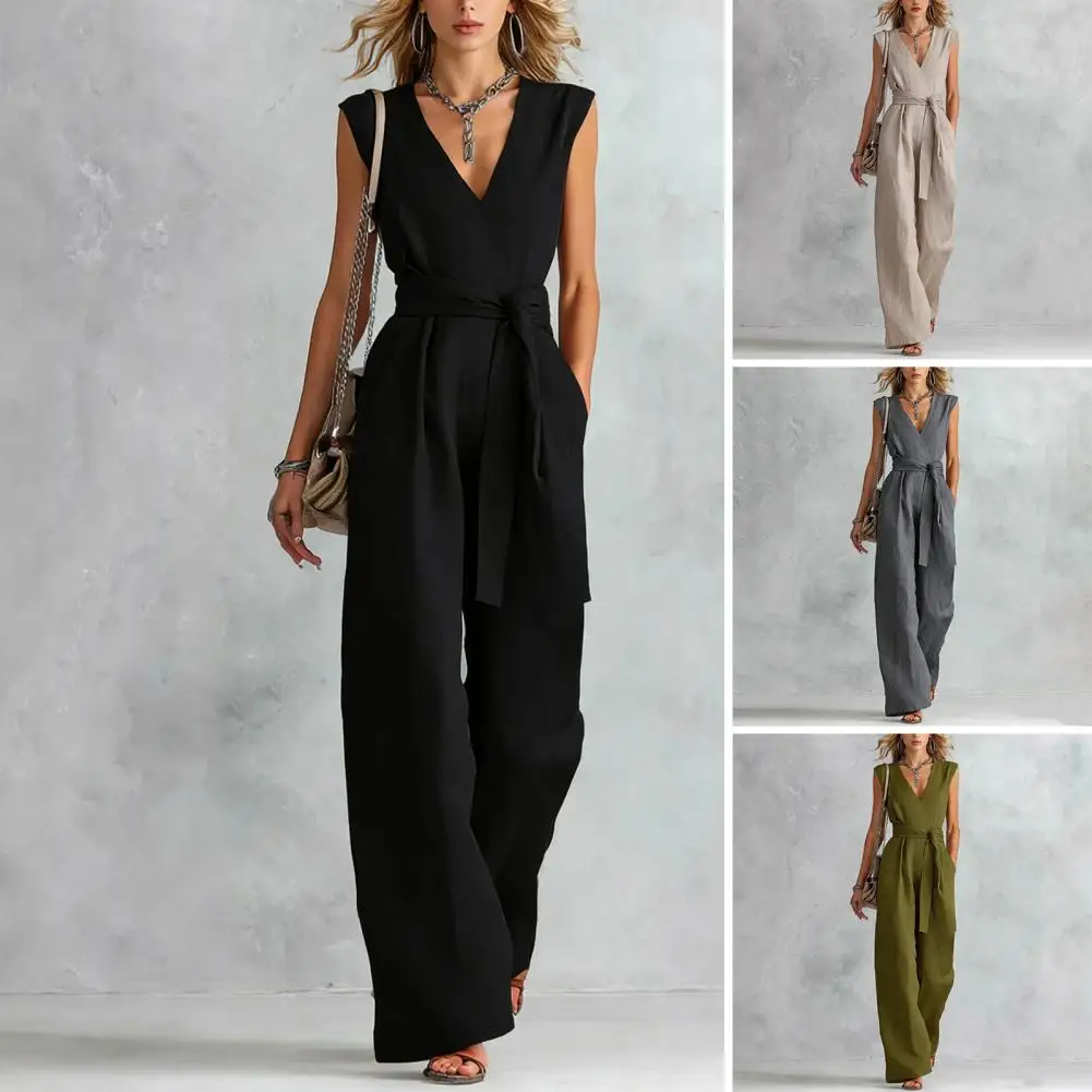 Women's Jumpsuit Sleeveless Women Jumpsuit Summer Causal Tie Waist Wide Leg Long Pants Rompers Summer V Neck One Piece Overalls