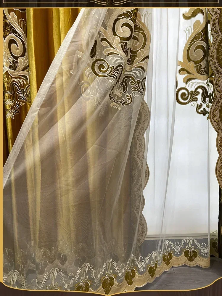 

European Embroidery Gold Valance Luxury Window Velvet Curtains For Living Room Bedroom Dining Blackout Decor Tulle Elegant