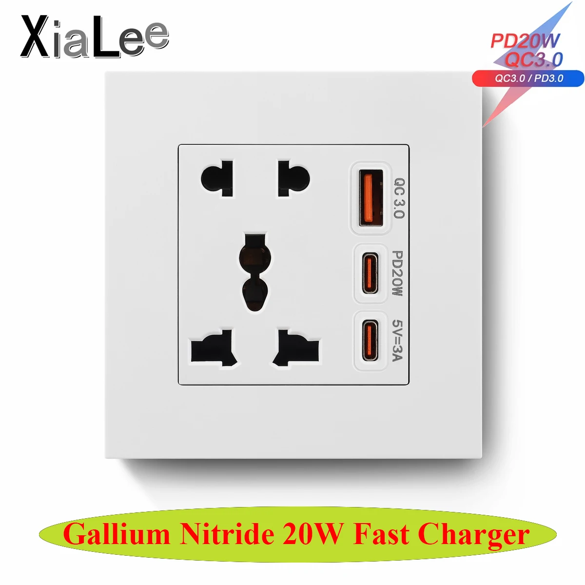 XIALEE PC Panel GaN 1 Type-A & 2 Type-C Three USB 20W FAST Charger + 13A Wall Universal 5 Pin Socket Grounded