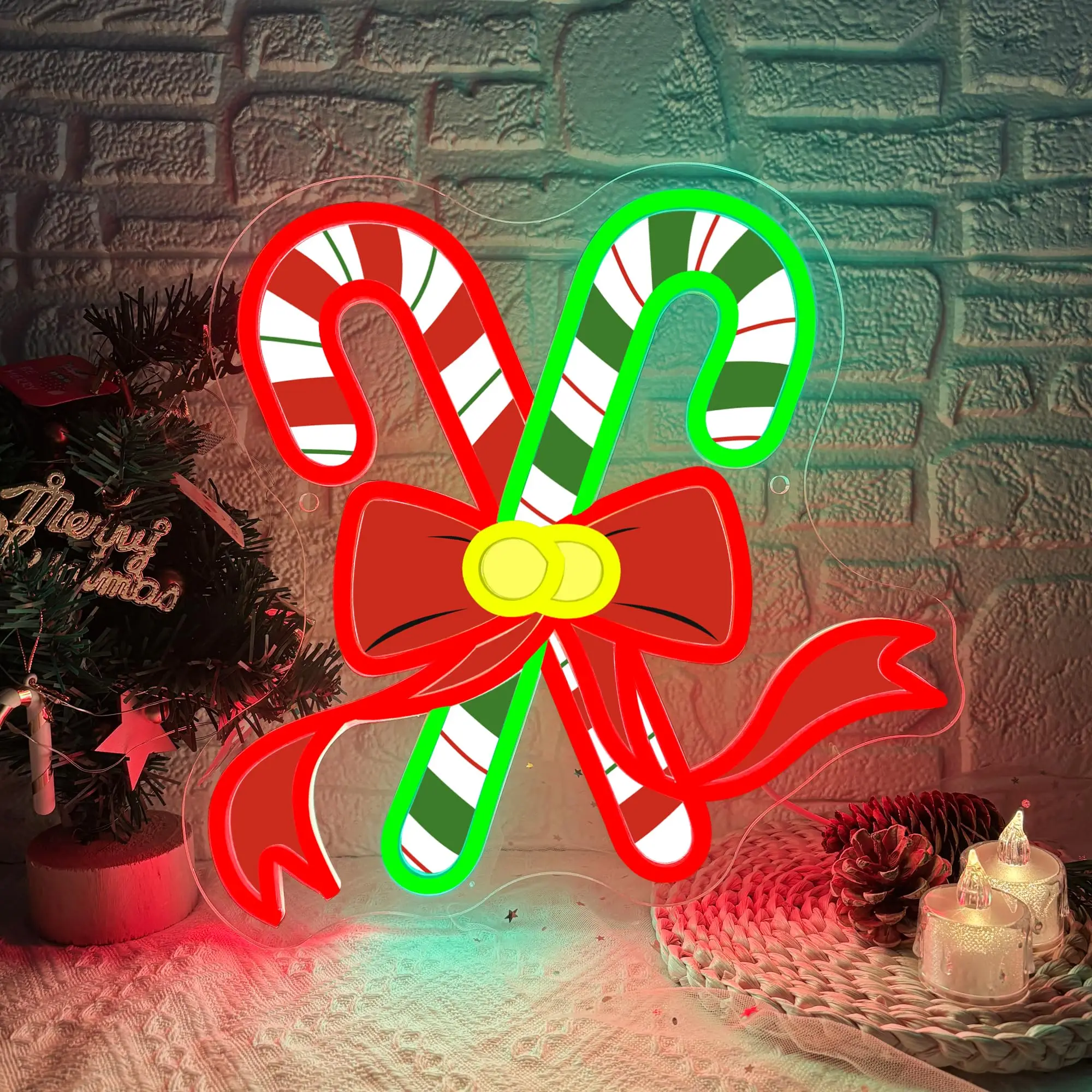 

Рождественская конфетная трость с бантом, неоновая вывеска, УФ-печать, регулируемая яркость, светящаяся вывеска, настенный декор для рождественской вечеринки, комнаты, спальни, кафе, декор