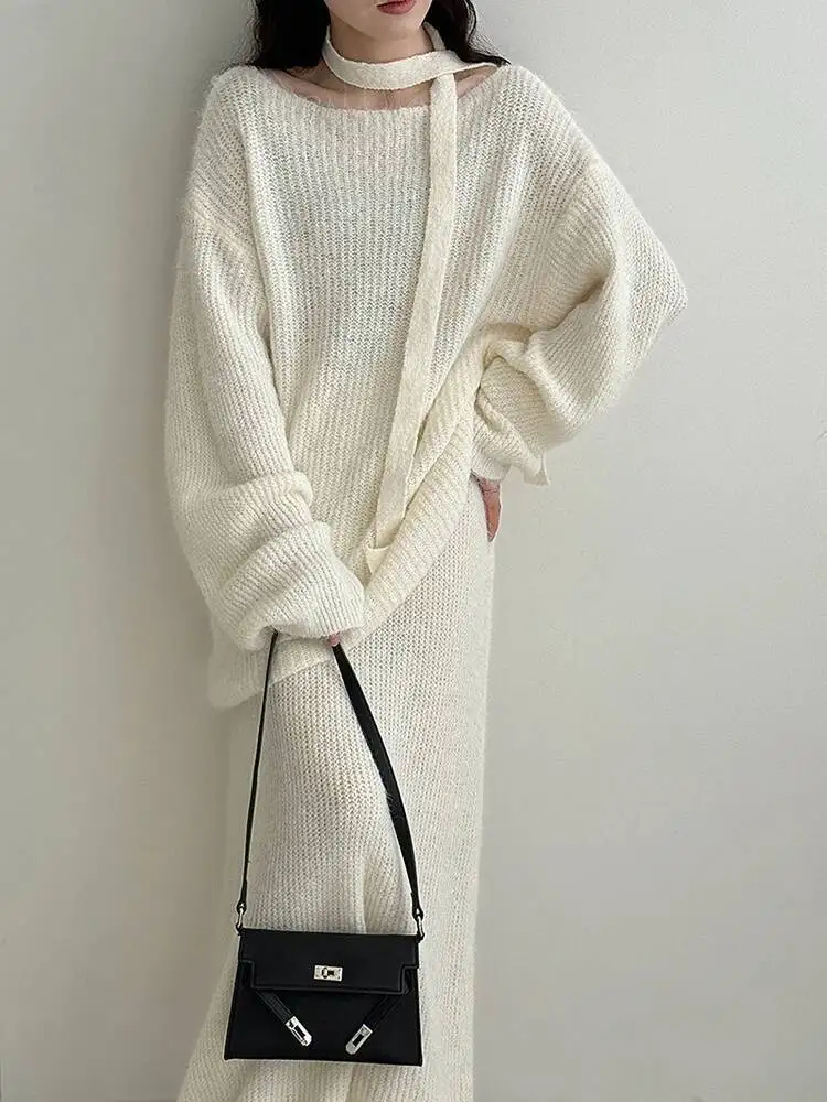 

Серый свитер, юбка до половины тела, костюм из двух предметов, новый женский модный костюм с круглым вырезом и длинными рукавами, весна-осень