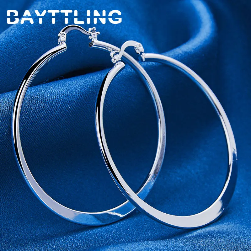 Genuine 925 Sterling Silver 55MM Glossy Round Flat Hoop Earrings For Women Wedding Fashion Gifts Accessories Jewelry