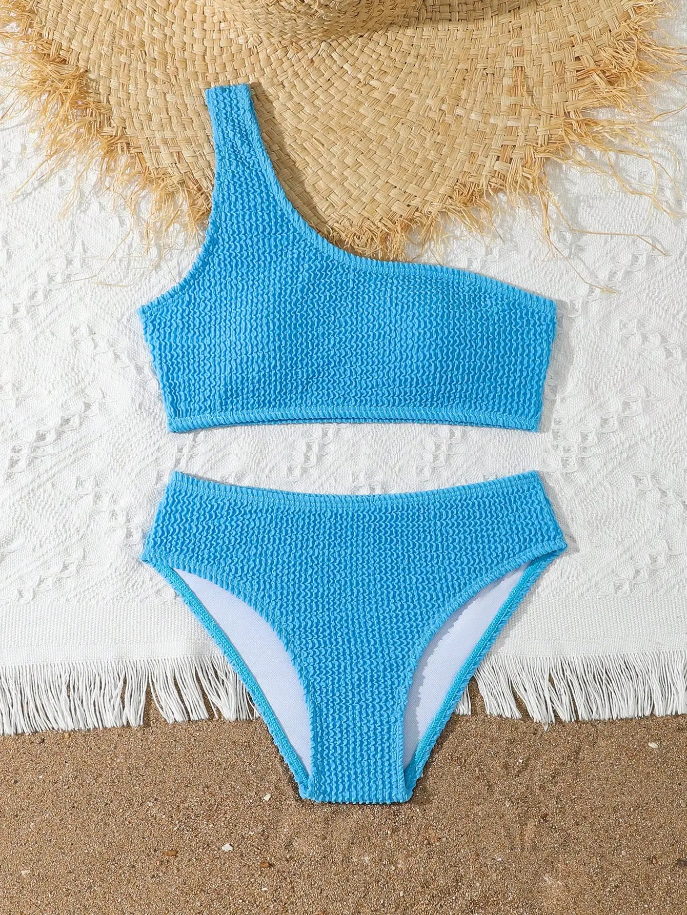 

Solid Color Textured One Shoulder Bikini Set For Women Beach Vacation Swimwear