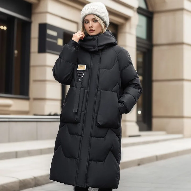 Jaqueta de puffer longa e grossa feminina, casacos quentes, Parka feminina, inverno, 2023