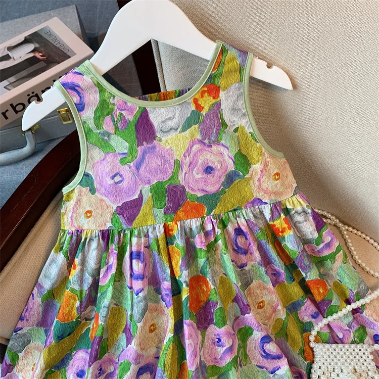 Girls Flower Random Print Dresses Oil Painting Backless Big Bow Sleeveless Dress Summer Fashion Casual Kids Clothes