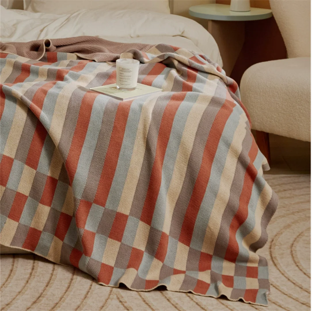 Cute strip geometry home soft casual blanket, office nap blanket, knitted sofa blanket, pillowcase, bed end blanket