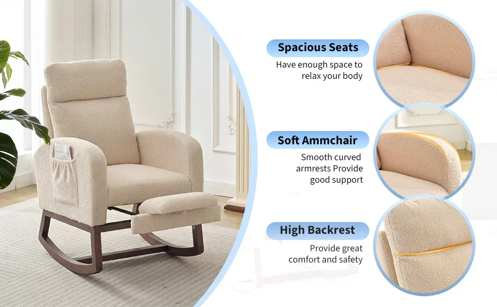 Upholstered Nursery Rocking Chair with Footrest &amp;amp; Side Pocket