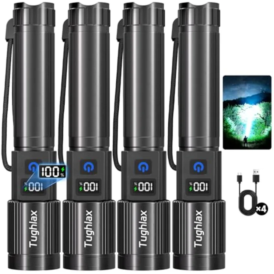4Pack Rechargeable Flashlights High Lumens 10000LM, Super Bright Flashlight with LCD Digital Display, 5 Modes Adjustable Flash
