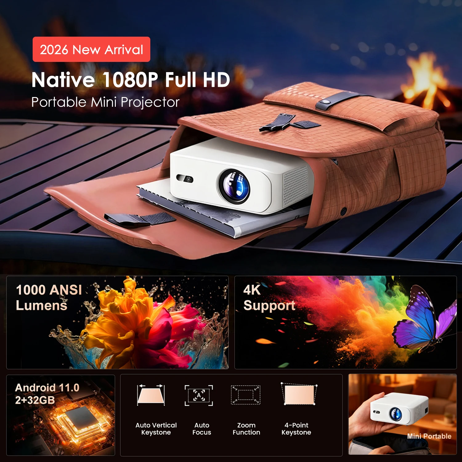 Proyector compacto TouYinger L9W Ultra, Full HD 1080p nativo con soporte 4K, Android inteligente, 2GB RAM y 32GB, enfoque automático para