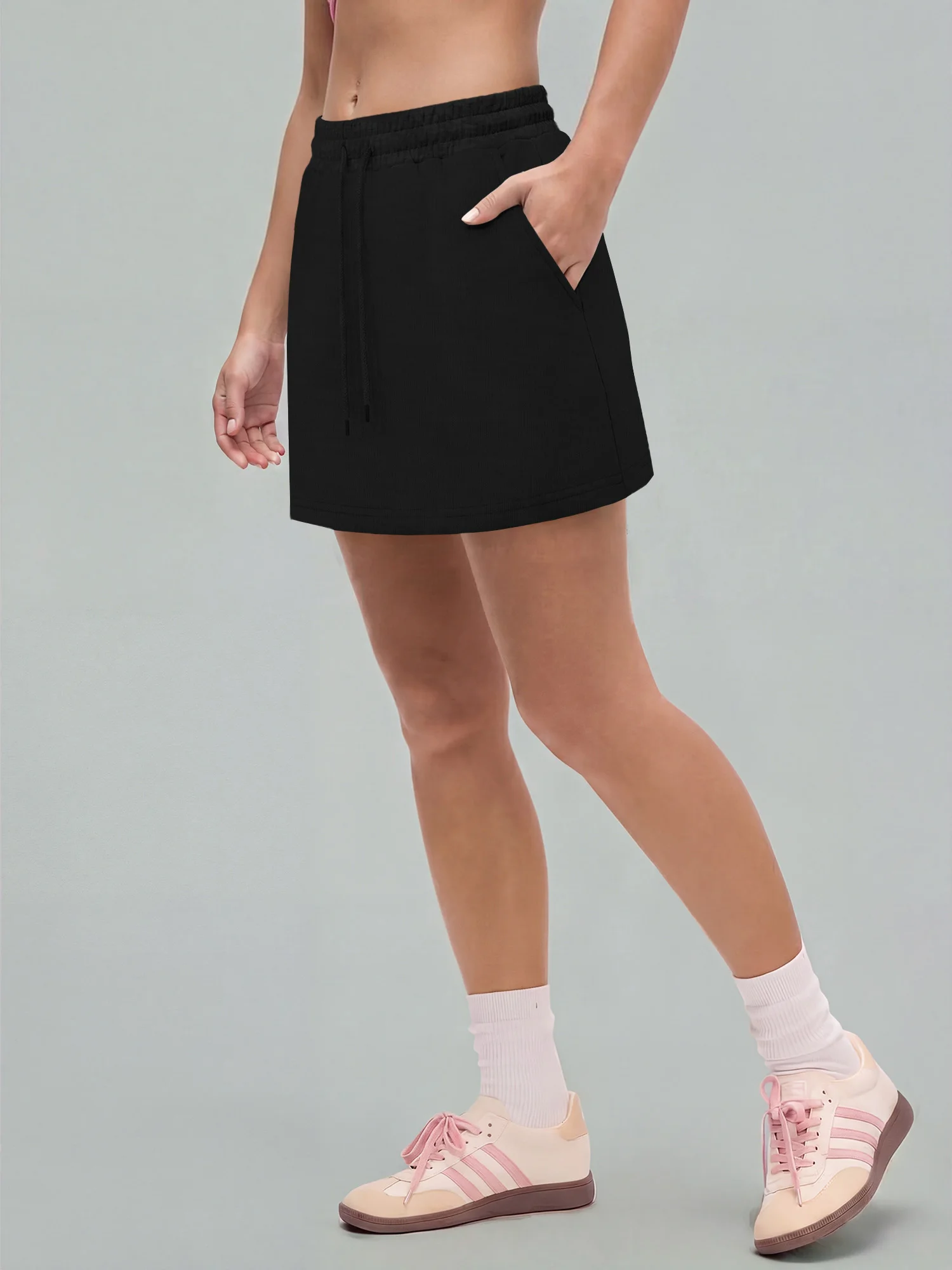 Smart Casual Office Mini Skirt, Spring Fall Business Casual, Drawstring Sweat Skirt with Side Pockets