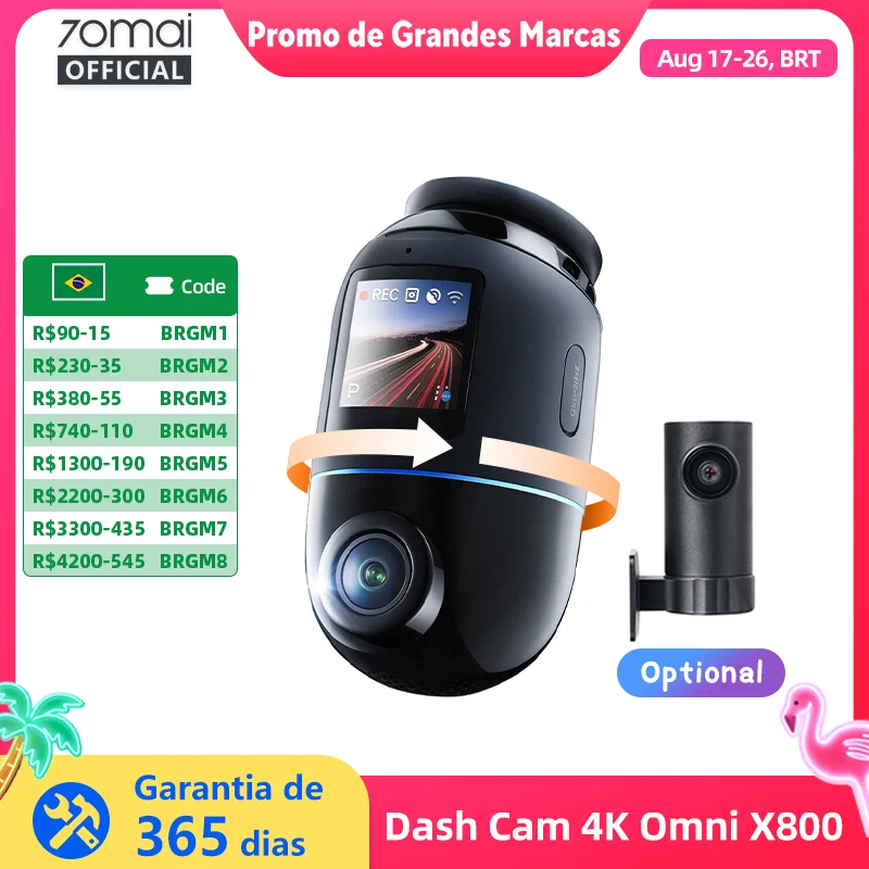 Versão global 70mai Dash Cam 4K Omni X800 360 °   Supercapacitor compatível com 4G com suporte para HDR de canal duplo giratório 70mai X800 Omni