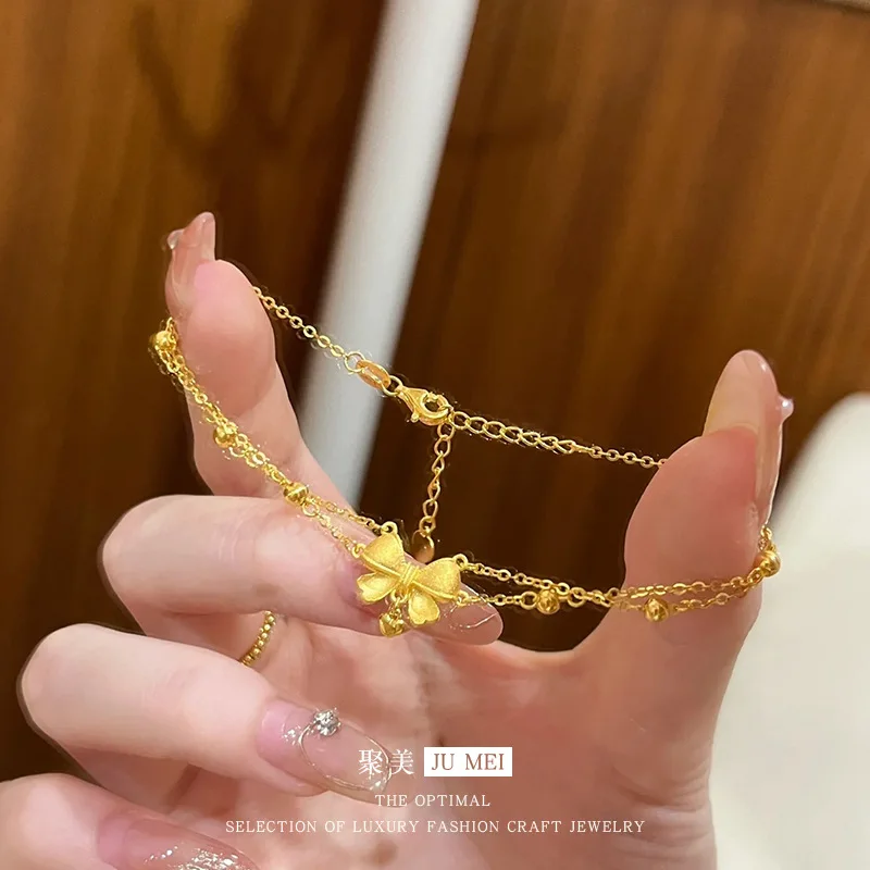 

New Chinese style 999924K real gold escaped princess bow bracelet for women popular love light luxury double-layer bracelet