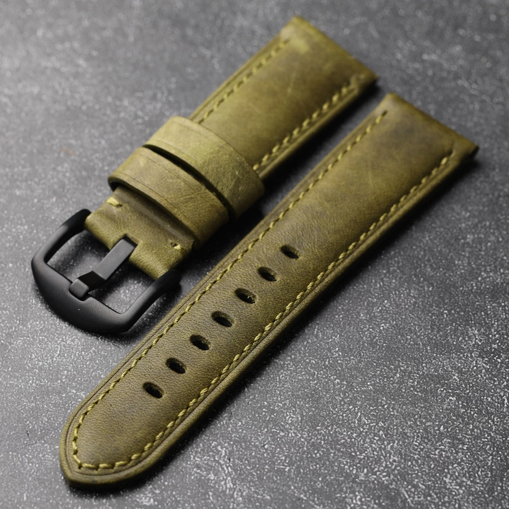 Handmade Head Cowhide Watchband 22 24MM Teal Vintage Genuine Leather For PAM111 441 Vintage Brushed First Layer Cowhide