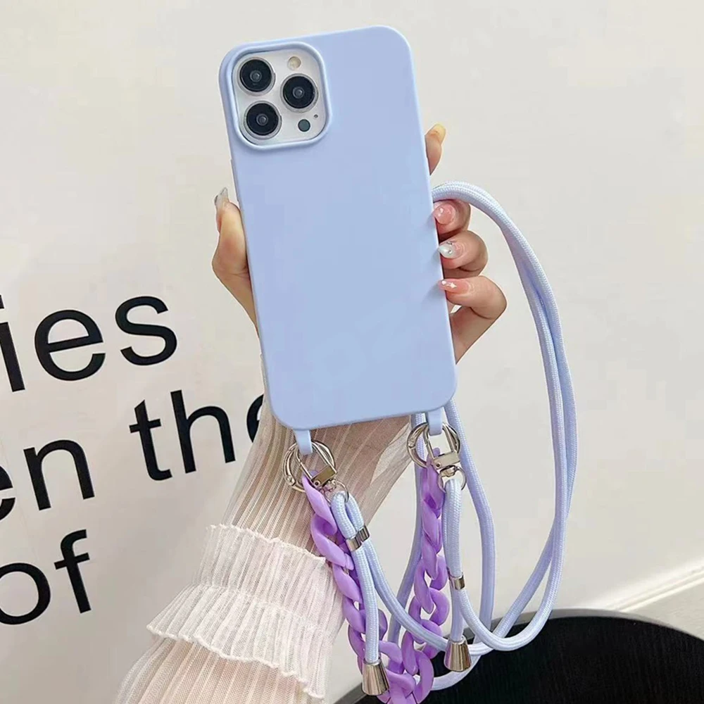 Crossbody Lanyard Marble Acrylic Chain Phone Case For iPhone 15 14 13 12 11 Pro Max Solid Color Matte Soft Silicone Back Cover