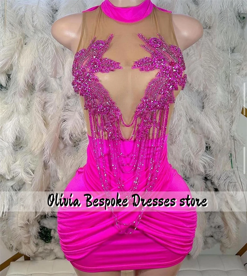 Impressive Hot Pink High Neck Birthday Prom Dresses Beaded Rhinestones Tassels For Black Girls Celebration Party Dress Mermaid