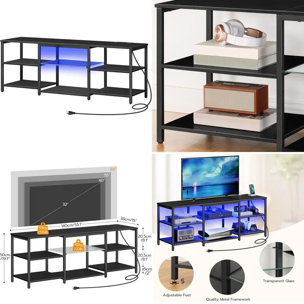 65 Inch TV Stand with Charging Station, Gaming and Entertainment Center, 3-Tier Storage, Media Console for Living and Bedroom, B