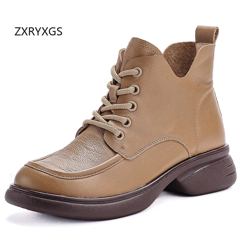 

ZXRYXGS Pure Cowhide Cross Tied Side Zipper Women Trendy Boots Mid Heels 2025 Autumn Winter Boots Women Elegant Fashion Boots